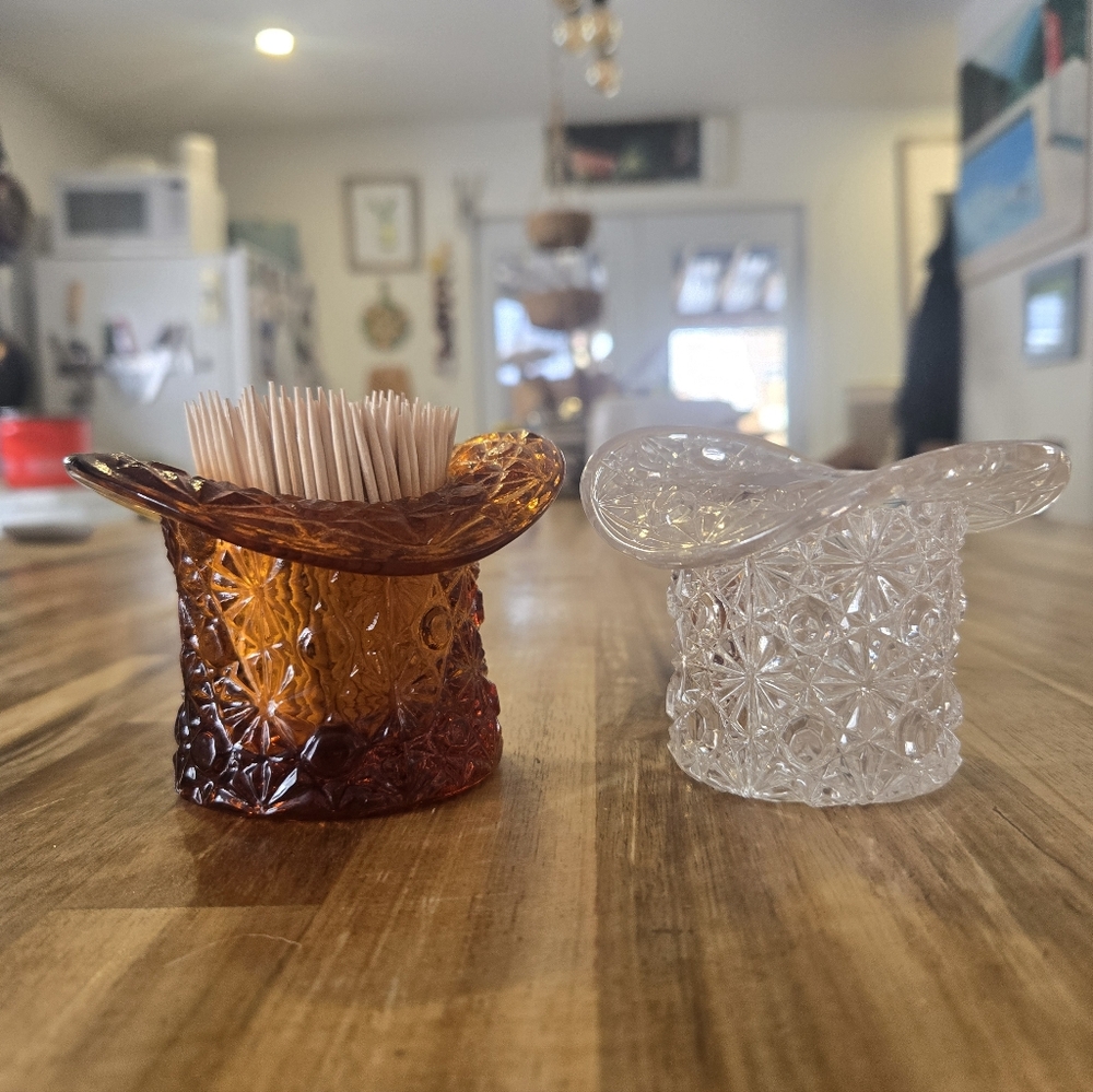 Vintage 60s Febton Amber and Clear Glass Toothpick Holders